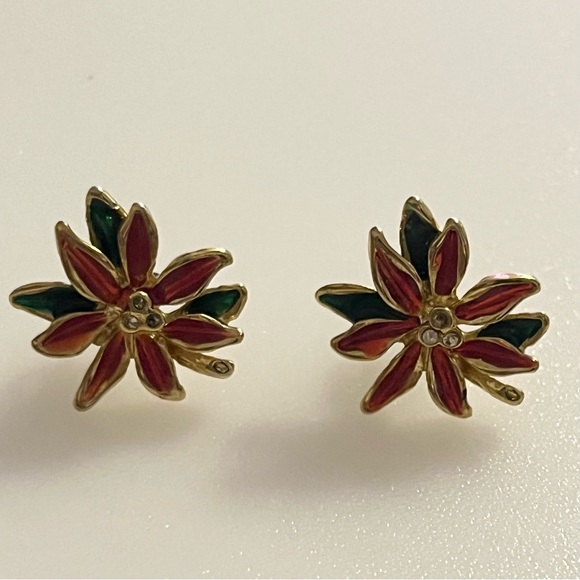 Vintage Metal Enamel MCM Poinsettia Flower Christmas Earrings - Picture 2 of 11